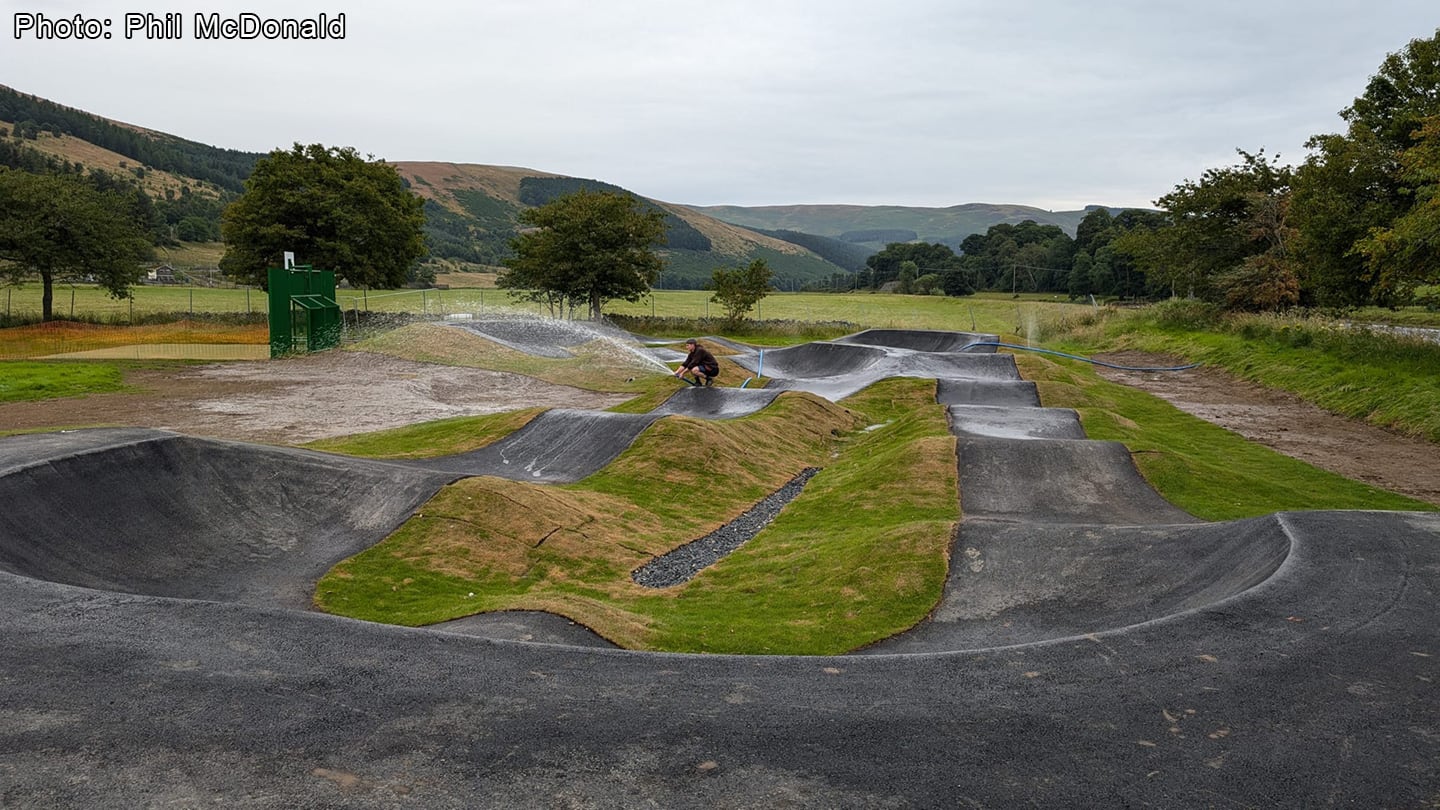 Walkerburn pump track in Scottish hill landscape